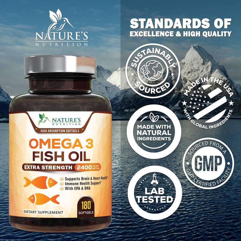 Omega 3 Fish Oil Supplements - 2400mg Fish Oil Per Serving - Triple Strength Omega-3 with EPA & DHA Fatty Acids - Natural Heart, Brain & Immune Support - Wild Caught, Bottled in USA - 180 Softgels 180 Count (Pack of 1)