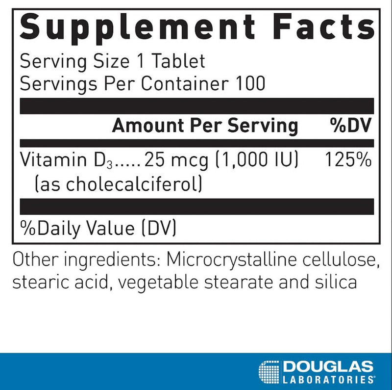 Douglas Laboratories Vitamin D 25 mcg (1,000 IU) - D3 Vitamin - For Immune Support, Bone Health & Tooth Health* - D Vitamin as Cholecalciferol - 100 Tablets | For Immune Support, Bone Health and Tooth Health*, D3 Vitamin, D Vitamin as Cholecalciferol