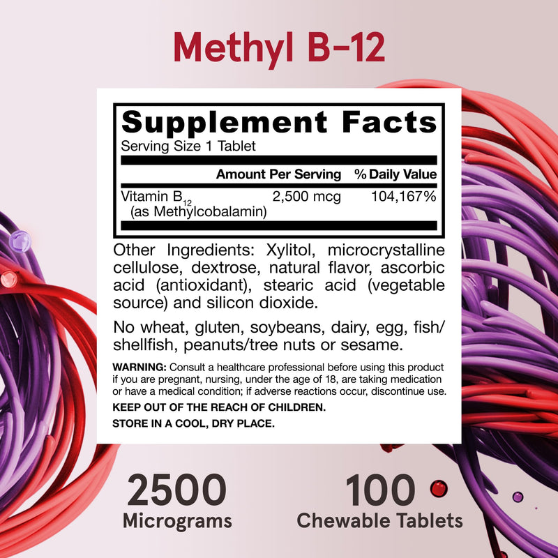 Jarrow Formulas Methyl Vitamin B12 2500 mcg, 100 Chewable Tablets, Tropical Flavored- Bioactive B12 Vitamin - Supports Cellular Energy Production, Brain Health & Metabolism - 100 Servings (Pack of 2) 100 Count (Pack of 2)