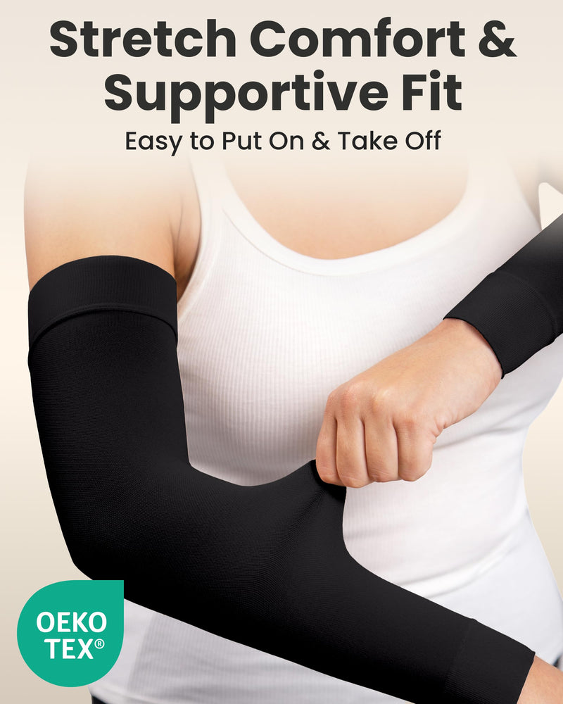 KEMFORD Compression Lymphedema Arm Sleeves for Women - 15-20 mmHg, 1 Pair, Black, 3XL - Medical Arm Brace for Swelling, Edema, Circulation