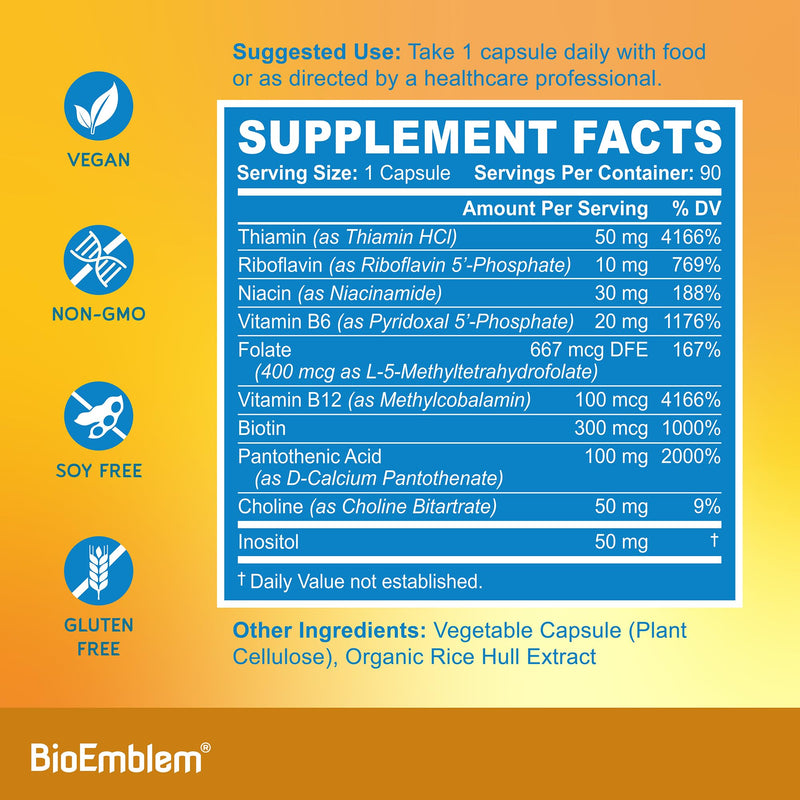 BioEmblem Vitamin B-Complex, 8 Active Forms Including Methyl, 90 Capsules | Methyl Folate, Methyl B12, B6, Biotin, Choline & Inositol - Supports Energy Metabolism, Brain, Heart & Nerves System Health 90 Capsule