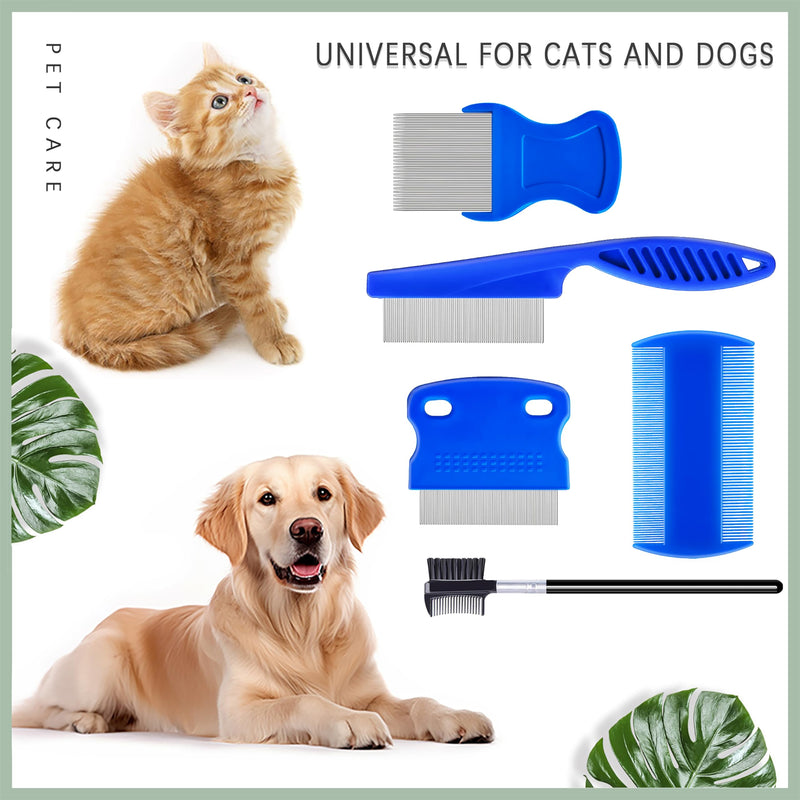 5 Pack Flea Lice Comb,Stainless Steel Dog Cat Grooming Combs With Rounded Teeth,Double-Sided Tear Stain Remover,Dematting Comb For Dogs Cats Ideal For All Types Of Small, Medium, Large Pets Blue - BeesActive Australia