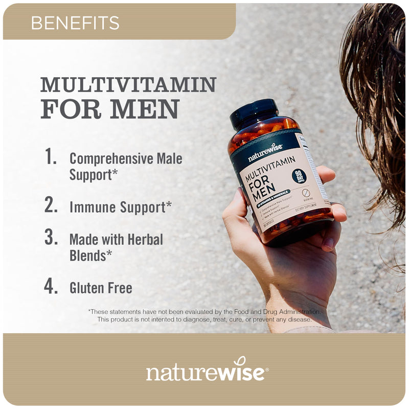 NatureWise Multivitamin for Men - Daily Male Support - Minerals & Herbs for Energy, Performance, Immunity - with Vitamin A, C, D, B-Complex - Soy & Gluten-Free, Non-GMO - 180 Capsules[3-Month Supply] Unflavored 180 Count (Pack of 1)