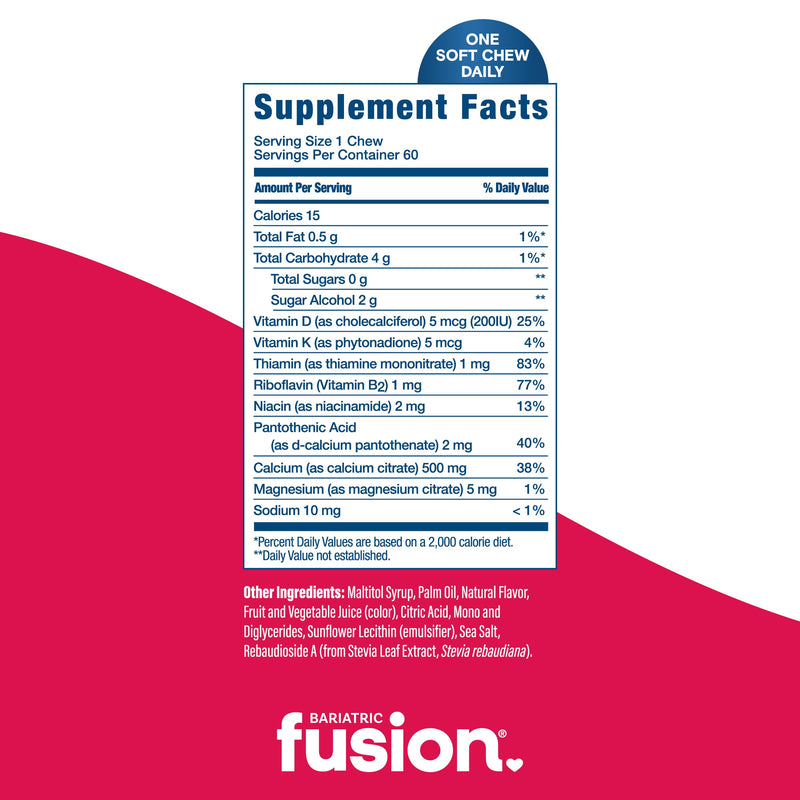 Bariatric Fusion Bariatric Calcium Supplement Chews | Calcium Citrate with Vitamin D3 Bariatric Vitamin | Sugar Free Chewable | 500mg | Strawberry | 60 Count