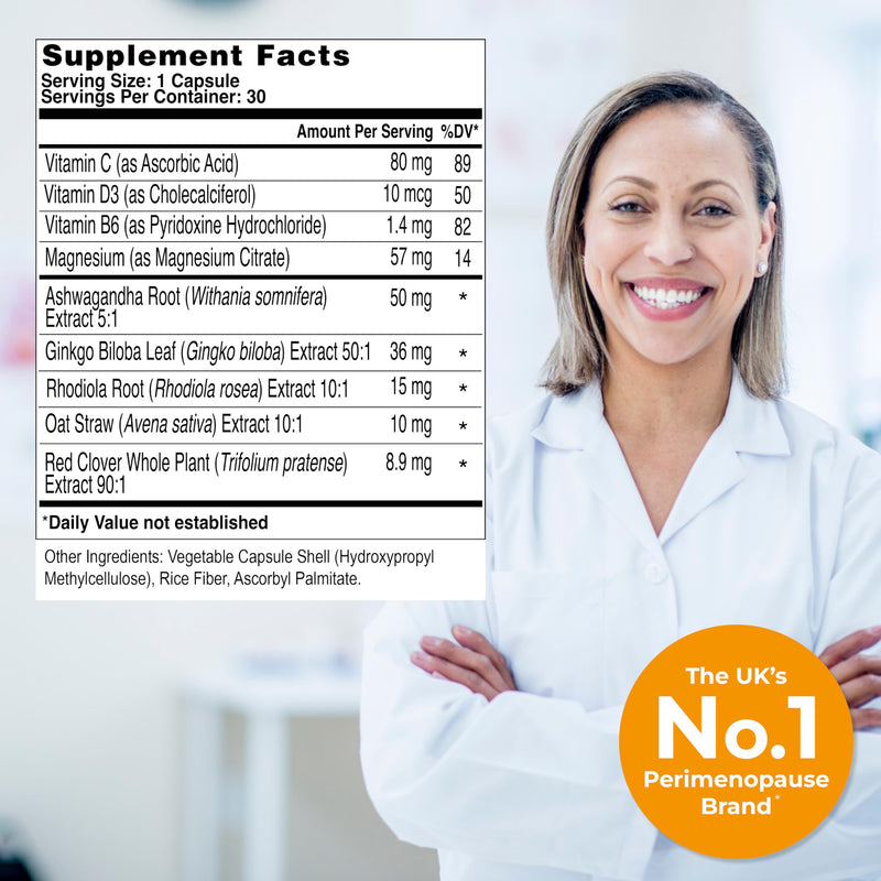 Health & Her Mind+ Perimenopause Dietary Supplement, 30 Day Supply | 4-in-1 daily multivitamin for women during perimenopause, with Ashwagandha & Red Clover; Vegan, gluten-free; 30 capsules