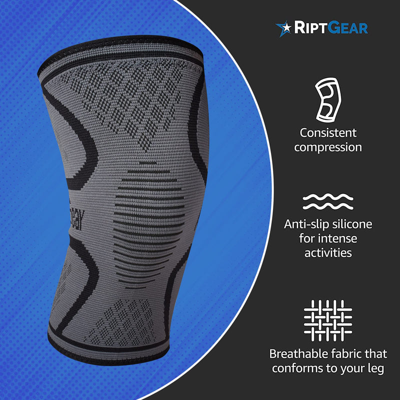 RiptGear Knee Compression Sleeve - Braces for Knee Pain - Compression for Arthritis, Meniscus Tear, Running, Walking - Support for Women and Men - Sleeves Weightlifting (Medium, Gray (1 Pack)) Medium Gray (1 Pack) - BeesActive Australia