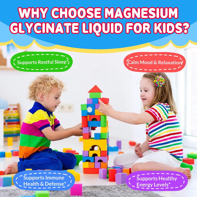 Kids Magnesium Glycinate Liquid Drops‌ – with L-Theanine, Omega-3, Vitamins B6 & D3, Zinc & Calcium – for Sleep Support, Relaxation, Focus & Brain, Bones – Strawberry Flavor, 4 Fl Oz 2 Fl Oz (Pack of 2)