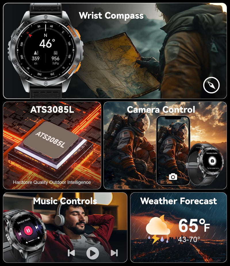 LIGE GPS Smart Watches for Men, Bluetooth Call, LED Flashlight, Compass, 1.43" AMOLED Fitness Watch with Heart Rate/Sleep Monitor, 100+ Sports Modes, iOS Android Compatible, Military Outdoor, Black DM1-E