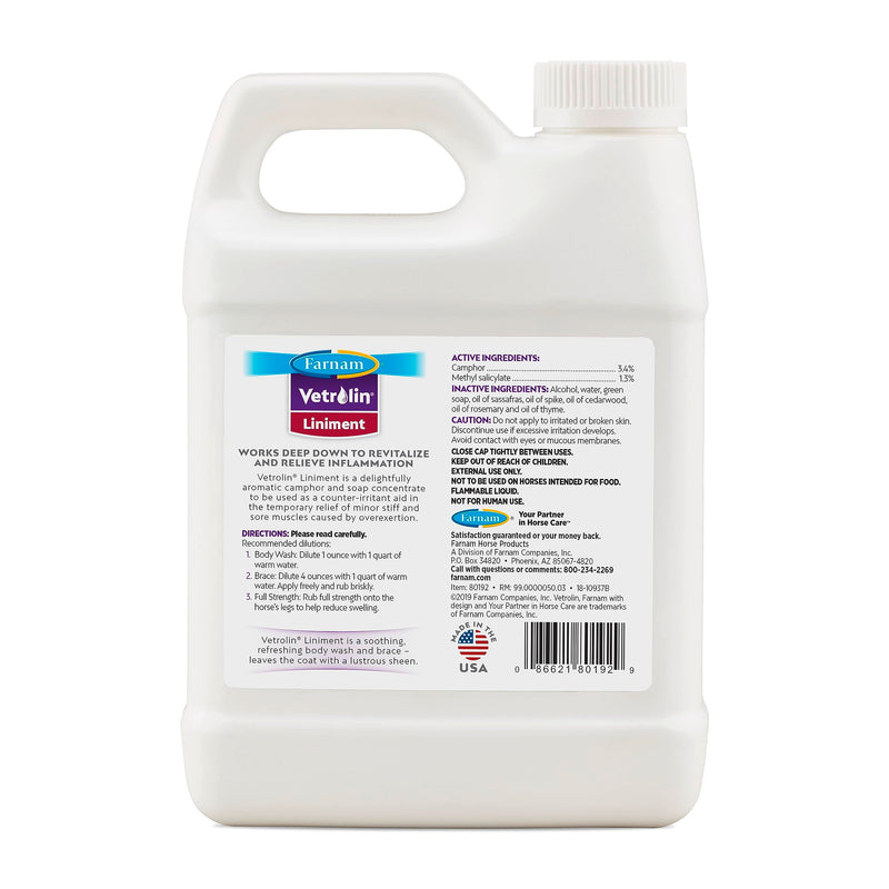Farnam Vetrolin Horse Liniment for Muscle Soreness, Stiffness and Inflammation Relief on Horses, Helps Reduce Swelling, Aids in Pain Relief, 32 Oz. Quart - BeesActive Australia