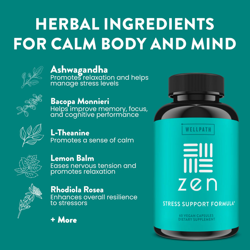 Zen Stress Relief & Mood Support Supplement with Ashwagandha, Vegan, 180 Ct | WellPath - Calm, Stress & Energy Support - with Rhodiola Rosea, L-Theanine, Lemon Balm - Herbal Capsules, USA Made, Non GMO 60 Count (Pack of 3)