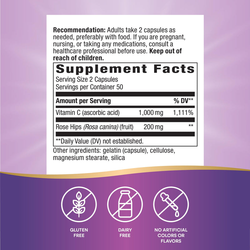 Nature's Way Vitamin C with Rose Hips - Powerful Antioxidant & Immune Function Support* - Collagen for Healthy Skin* - 1,000mg Vitamin C - 100 Count (50 Servings, 2-Pack) 100 Count (Pack of 2)