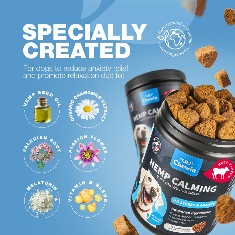 Hemp Calming Chews for Dogs - Dog Calming Treats - Anxiety Relief for Dogs with L-Theanine, Chamomile Extract, Valerian Root - Dog Anxiety Relief for Travel, Vet Visits, Thunderstorms, Nail Trimming - PawsPlanet Australia