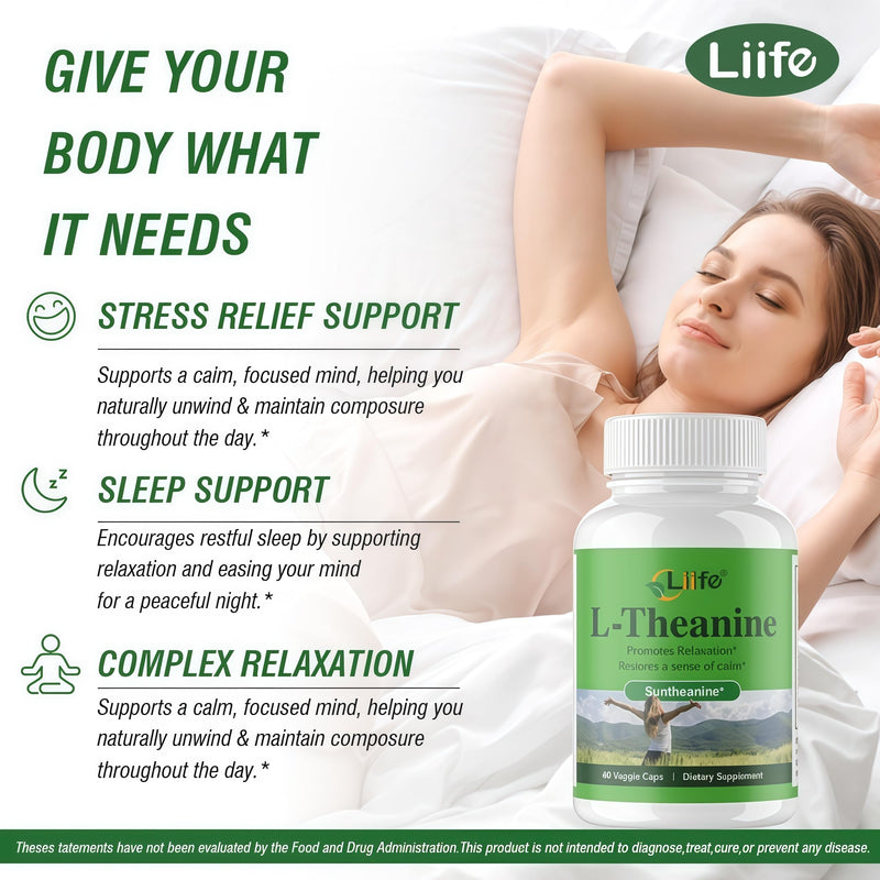 LIIFE L-Theanine (Suntheanine®) with GABA & Magnesium | 60 Veggie Capsules | With black pepper extract, supports healthy stress response, relaxation and focus, aids natural brain alpha-wave production