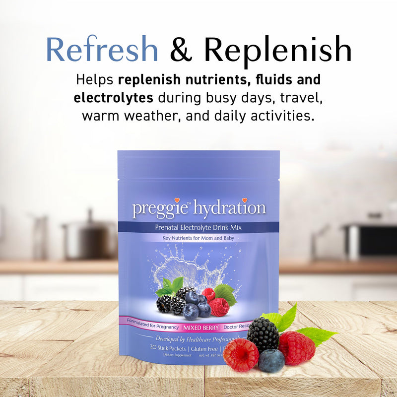 Three Lollies Preggie Hydration with Vitamin B6, Mixed Berry, 20 Packets | Electrolyte drink mix and pregnancy hydration powder for pregnant women and moms-to-be.