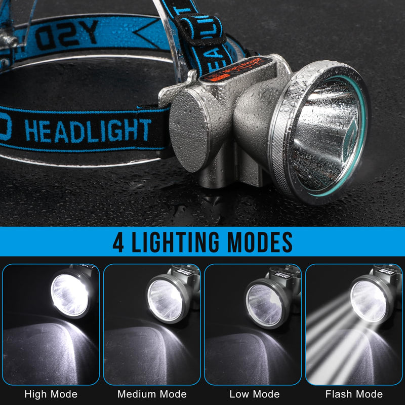 High Brightness LED Headlamp with Display Screen Rechargeable USB-C Waterproof Headlight with Runtime Indicator 4 Lighting Modes Light for Camping, Work, Hunting, Fishing (Mode 505 - White Light) Model-505