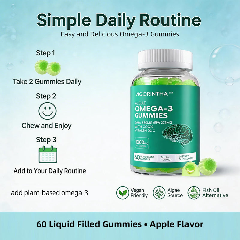 Vegan Omega 3 Gummies 1000mg with Coq 10, Vitamin D3,E,C,Omega 3 Fish Oil Alternative for Adults, Plant Based DHA 550mg & EPA 275mg for Brain, Mobility, Eye, Sugar Free, 60 Count 60 Count (Pack of 1)