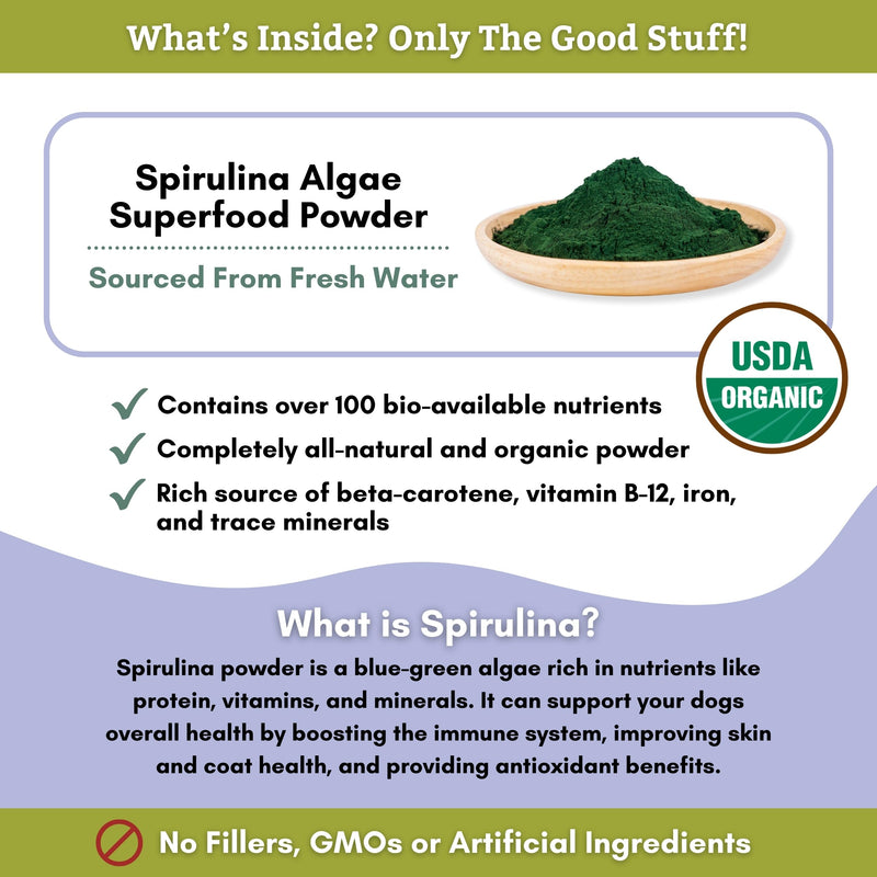 Wholistic Pet Organics Spirulina Powder Organic for Dogs Super Greens Powder Seasonal Allergy Support Supplement Dog Multivitamin USDA Certified Immune Support Vitamins Antioxidants and Minerals 3oz - PawsPlanet Australia
