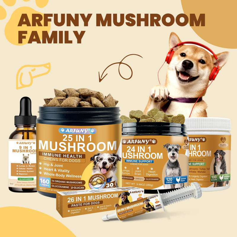 Mushroom for Dogs - Turkey Tail for Dogs - 9 Organic Mushroom Supplement with Turkey Tail, Reishi, Lions Mane - Hip & Joint, Skin & Coat, Digestive, Cellular, Immune Health Support - Chicken Flavor