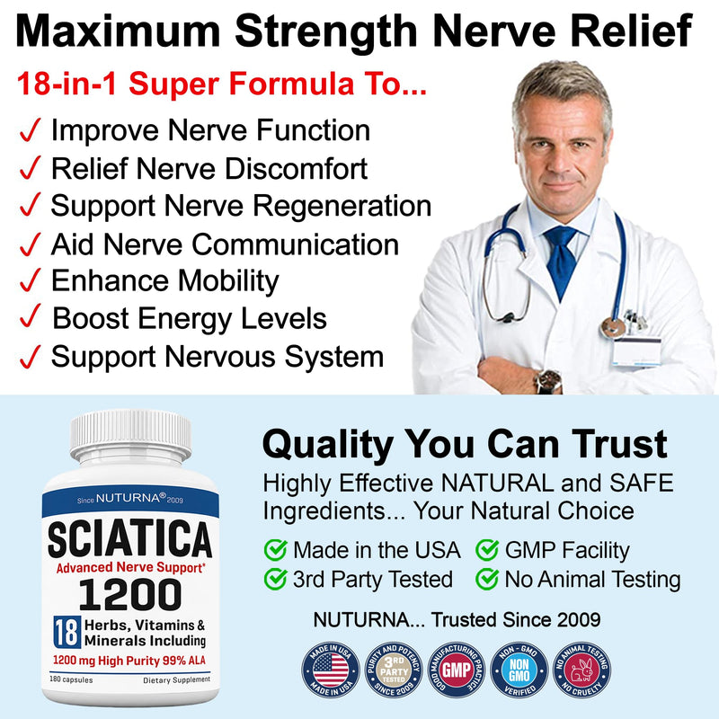 Sciatica Nerve Relief Supplement 1200 mg HP-99 Alpha Lipoic Acid - Maximum Strength ALA Sciatic Nerve Support for Lower Back Hip Buttock Legs & Feet - Ultra Potent 18-in-1 Natural Vitamins - 180 Caps White-cream