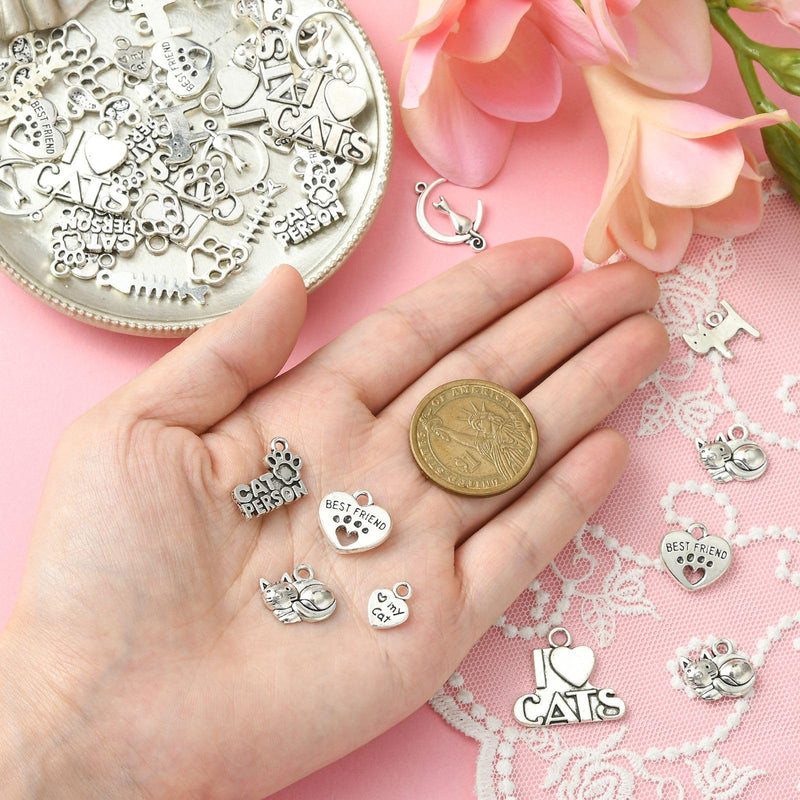 Ornazy 50 pcs 10 Styles Craft Supplies Antique Silver Animals Cat Pet Charms Tibetan Kitten Charms for DIY Necklace Bracelet Jewelry Making - BeesActive Australia