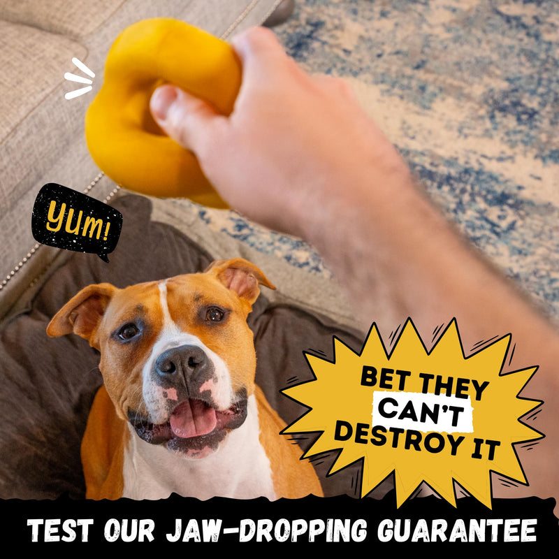 Indestructible Ring Ball - Lifetime Replacement - for Aggressive Chewers, Medium Large Breed - Non-Toxic Natural Rubber Dog Toys - Butter Scent, Yellow (Highly Visible Color for Dogs) - 4.5” - BeesActive Australia