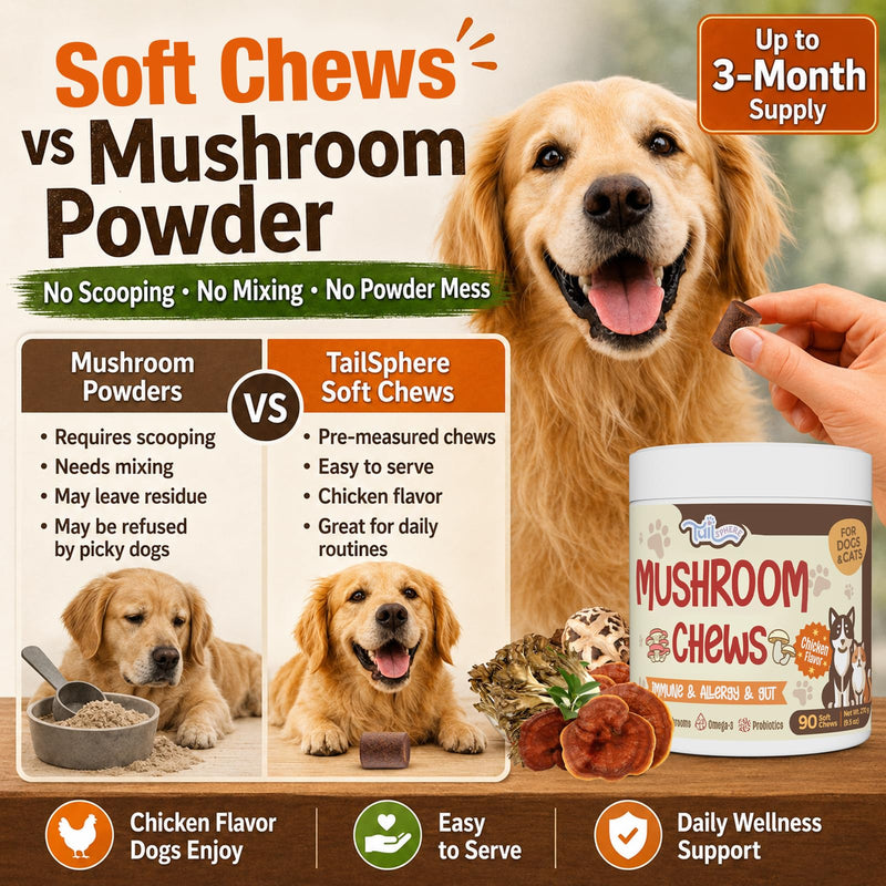 Turkey Tail Mushroom for Dogs, TailSphere 12-in-1 Mushroom Chews for Dog Immune, Gut, Skin & Coat Support, 7-Mushroom Blend with Reishi & Lion’s Mane, Probiotics & Omega-3, Chicken Flavor, 90 Count