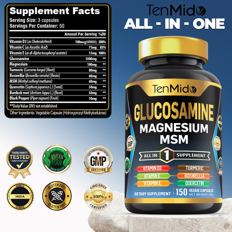 Glucosamine MSM Supplement for Men and Women - 11in1 Formula - Combine with Magnesium, Turmeric, Boswellia, Quercetin, Burdock Root, and More | Joint & Mobility Support - 150 Capsules