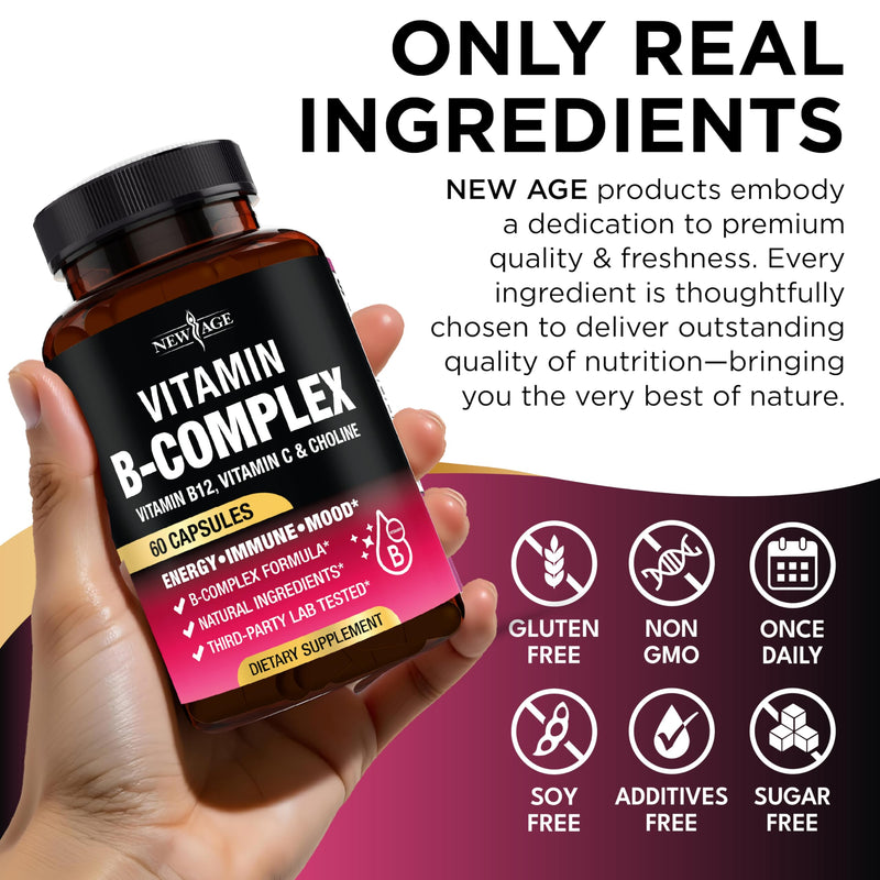 Vitamin B Complex for Men & Women - Made in USA - B-Complex: B1, B2, B3, B5, B6, B7, B8, B9, B12 with Vitamin C, Choline, Inositol - Energy, Brain & Heart Support Supplement - 60 Vegan Capsules 60 Count (Pack of 1)