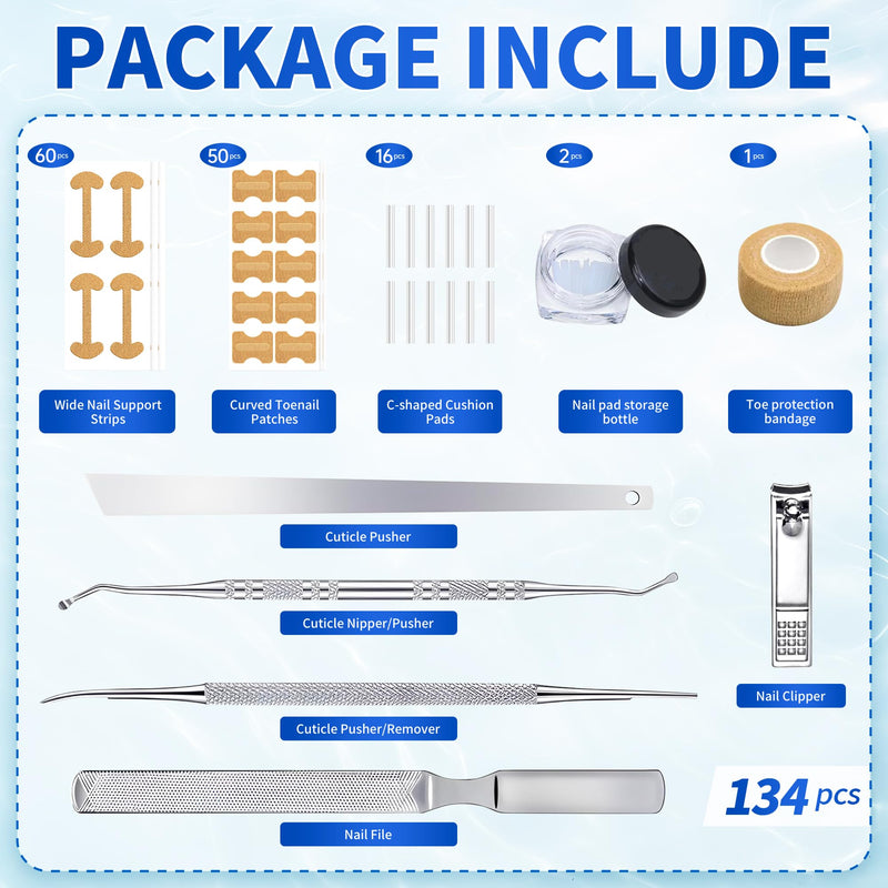Ingrown Toenail Care Kit with Flexible Strips(134PCS), Professional Toenail Tool Kit Includes Breathable Toenail Bands, Curved Pads, Painless File & Lifter Tools | Home Pedicure Maintenance Set