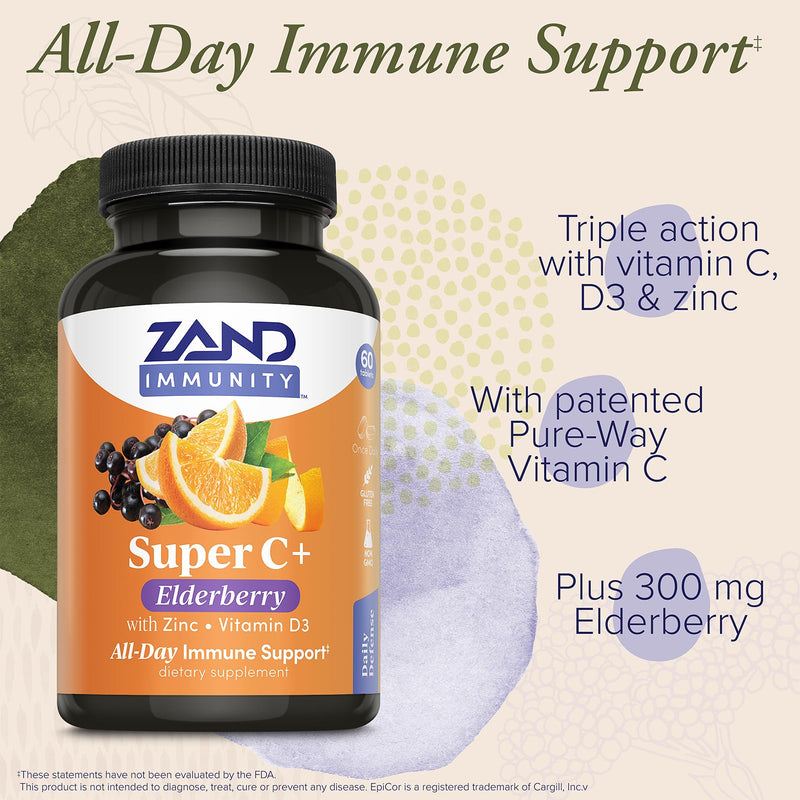 Zand Immunity Super C+ with Elderberry, All Day Immune Support, 1000mg PureWay-C Vitamin C Plus Zinc & Vitamin D-3, Enhanced Absorption, 60 Tablets, 30 Servings Daytime