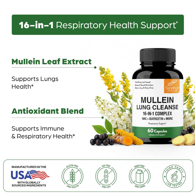 Sandhu's Mullein Capsules for Lungs with Quercetin | Mullein Leaf Extract Supplement for Immune, Lung & Respiratory Health Support | for Men & Women | 60 Count (Pack of 1)