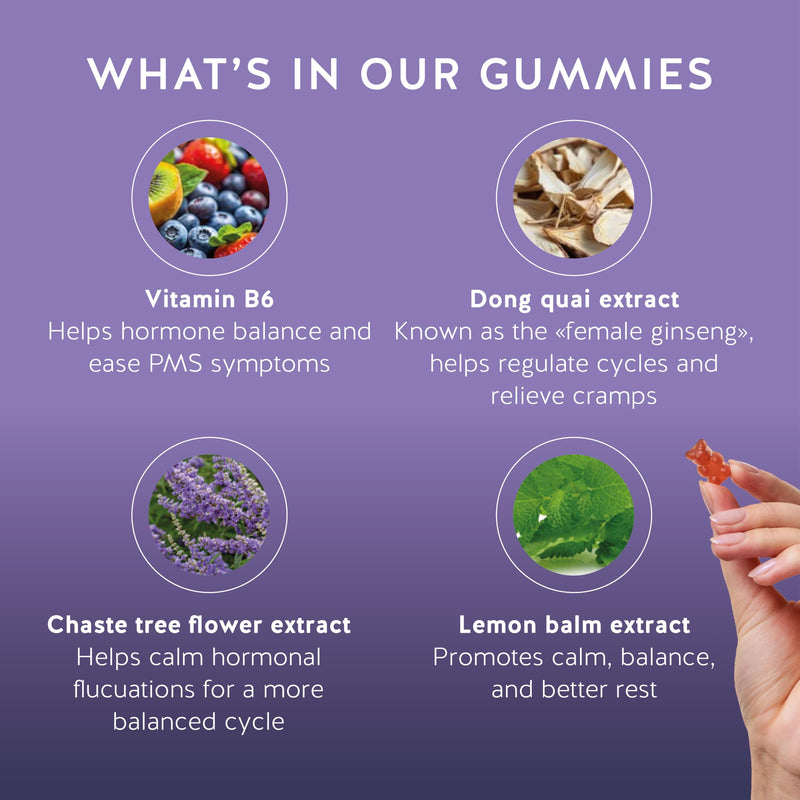 Bears with Benefits PMS Support Gummies with Vitamin B6 & Lemon Balm | With botanical extracts to support hormonal balance and help you feel more like yourself throughout your cycle. Strawberry 90 servings