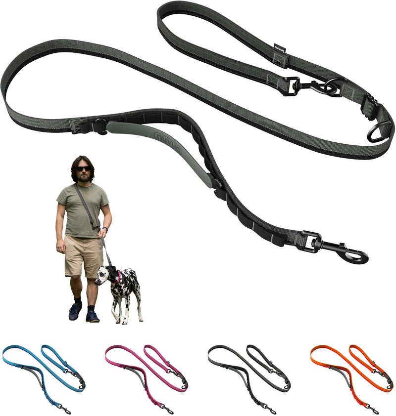 Hands Free Dog Leash - Waist or Shoulder Leash for Walking and Hiking with Medium and Large Dogs, Adjustable 4 to 6 FT Outdoor Bungee Lead with Traffic Handle by Nuvuq (18-120 lbs, Black) Black Pepper
