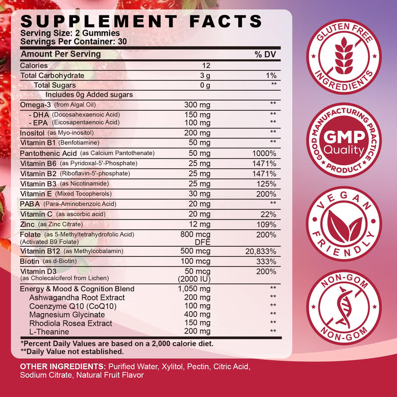 Methylated Vitamin B Complex Gummies for Women & Men with Vitamin B1, B2, B3, B5, B6, B7, B9, B12 & Magnesium, Omega-3, CoQ10, Supports Brain Health, Energy, Immune, Sugar Free, Fruit Flavor, 120ct Mixed Fruit 60 Count (Pack of 2)