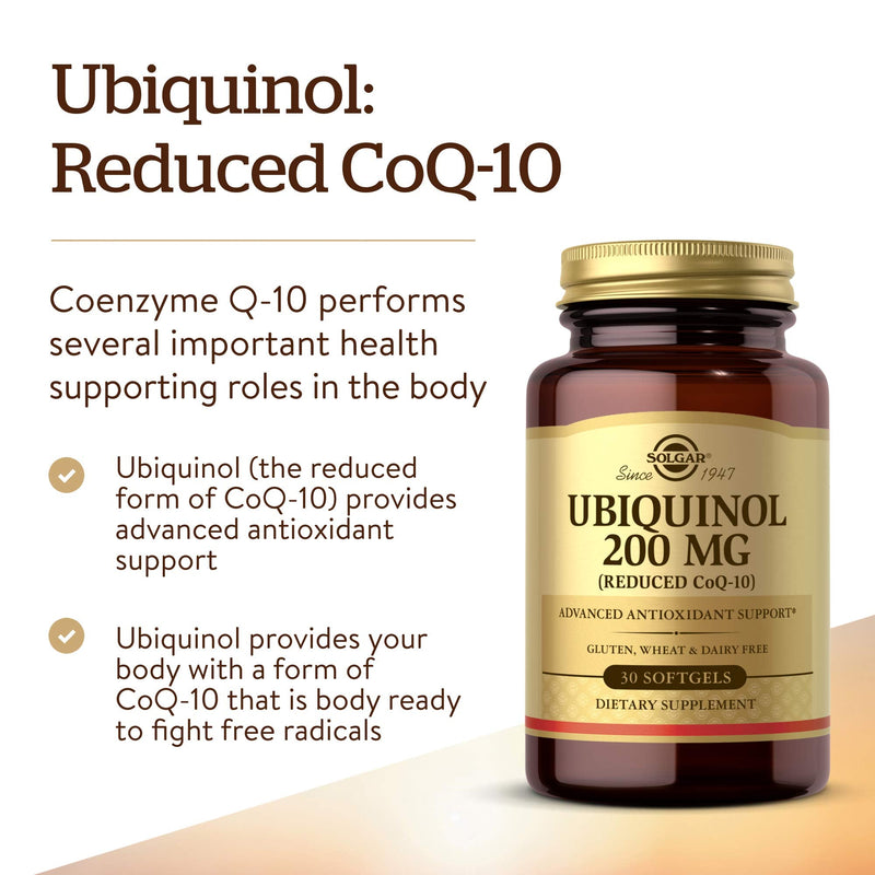 Solgar Ubiquinol 200 mg (Reduced CoQ-10), 30 Softgels - Promotes Heart & Brain Function - Supports Healthy Aging - Coenzyme Q10 - Ubiquinone Supplement - Gluten Free, Dairy Free - 30 Servings Unflavored 30 Count (Pack of 1)