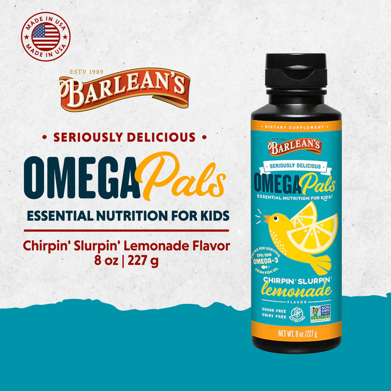 Barlean's Lemonade Omega Pals Kids Omega-3 Fish Oil, 540mg EPA & DHA, 8oz | Wild-caught kids fish oil, 540mg EPA DHA omega-3, Kid-friendly flavor, Non-GMO, Gluten-free, Liquid, Brain & eye Chirpin' Slurpin' Lemonade 8 Fl Oz (Pack of 1)