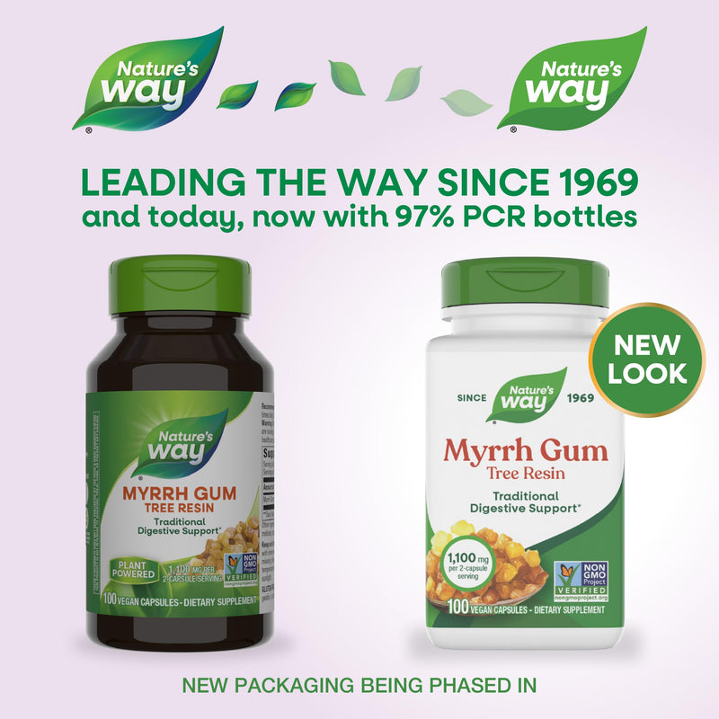 Nature's Way Myrrh Gum Tree Resin, Traditional Digestive Support*, 100 ct | 1.1 g per 2-Capsule Serving, Non-GMO Project Verified, Vegan, Dairy-Free, Gluten-Free, No Artificial Colors or Flavors 100 Count (Pack of 1)