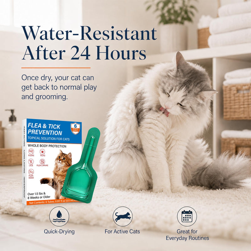 Cat Flea & Tick, Waterproof Topical Preventative for Cats Over 1.5 lbs and 8 Weeks or Older, 6 Doses Supply