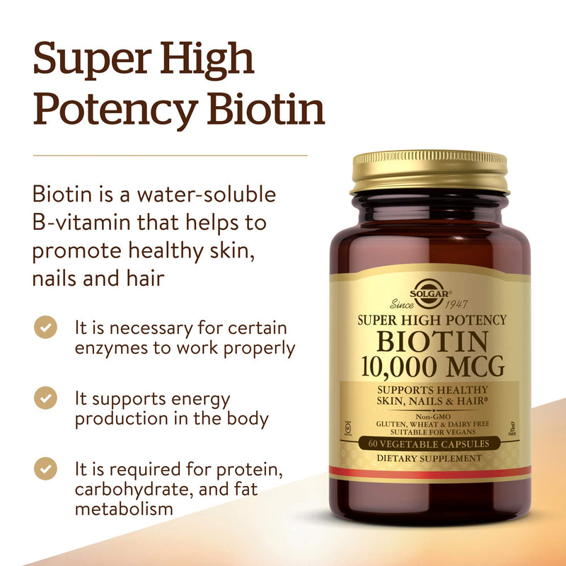 Solgar Biotin 10,000 mcg, 60 Vegetable Capsules - Non-GMO, Gluten Free | Energy, Metabolism, Promotes Healthy Skin, Nails & Hair - Super High Potency - Vegan, Dairy Free, Kosher - 60 Servings 60 Count (Pack of 1)