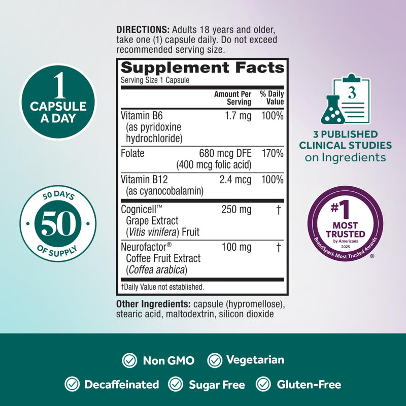 NEURIVA Memory 3D Brain Supplement - Decaffeinated Nootropic Capsules for Memory, Focus, & Cognitive Function - Short Term, Long Term, & Working Memory Support - 50ct 50 Count (Pack of 1)