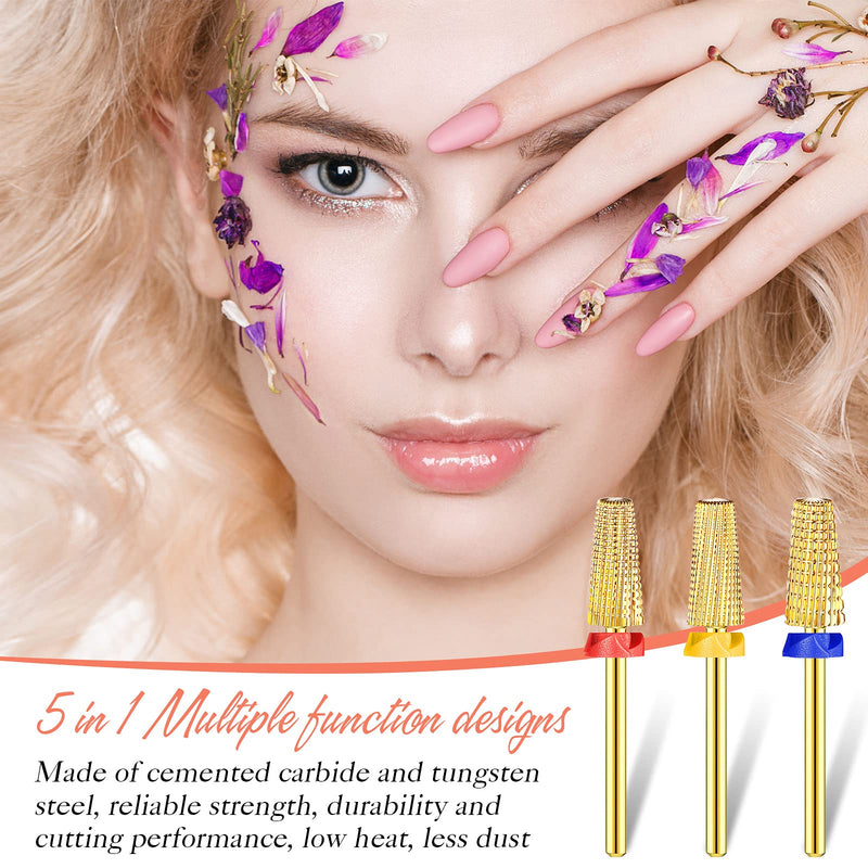 Honoson 3 Pcs Carbide Nail Drill Bits 5-in-1 Fast Gel & Acrylic Removal, Two-way Rotate for Left & Right Handed Xf, F, M, 3/32 Inch Professional Manicure Tool(Gold) Gold - BeesActive Australia
