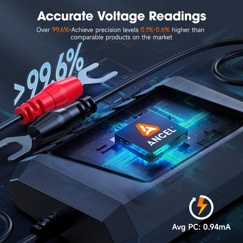 ANCEL BM300 Pro Battery Monitor - 6V/12V/24V Universal with Bluetooth 5.3 & Reinforced Design, Charging & Cranking Tests, Real-Time Alerts for Lead-Acid & Lithium Batteries in RV, Truck, Marine & More Orange
