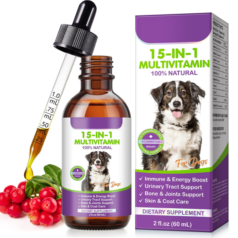 15 in 1 Dog Multivitamin Drops, 60ml Dog Vitamins Supplements, Support Skin and Coat, Joint, Heart, Digestion, Immune and Gut Health