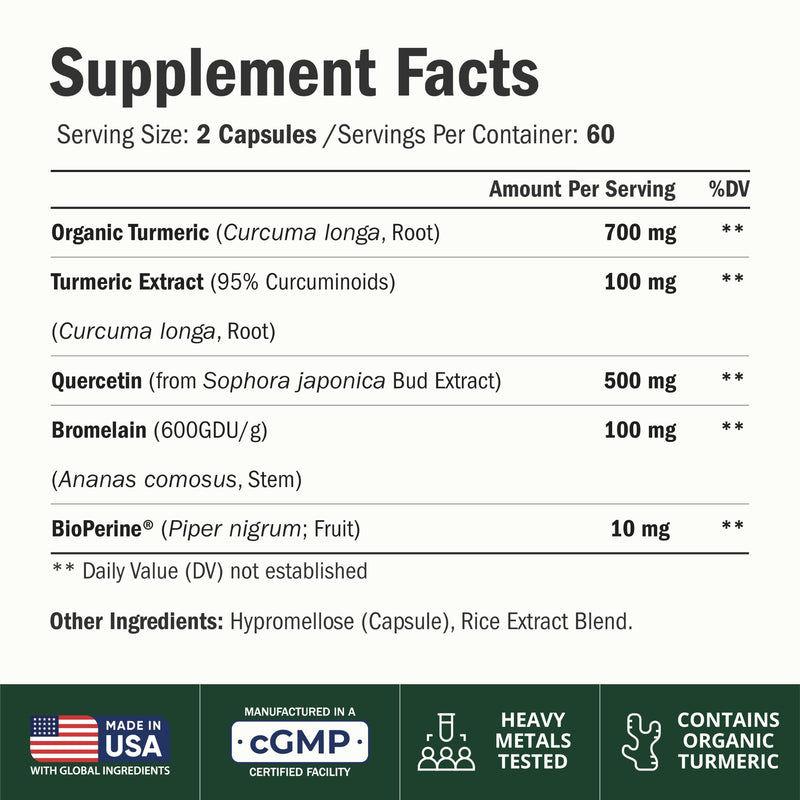 Quercetin with Bromelain Turmeric Curcumin Supplement – Triple Action: Allergy Relief, Inflammation and Joint Support with Organic Tumeric + Bioperine for Max Absorption – 120 Quercetin 500mg Capsules 120 Count (Pack of 1)