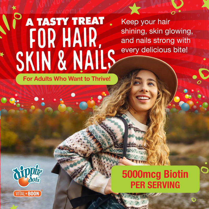 Dippin' Dots Hair Skin and Nails Vitamins, Biotin 5000mcg (60 Day, 2 Pack) | Raspberry biotin gummies support hair growth, hair vitamins for women & healthy nails; gluten free, Non-GMO, 2-pack. 60 Count (Pack of 2)