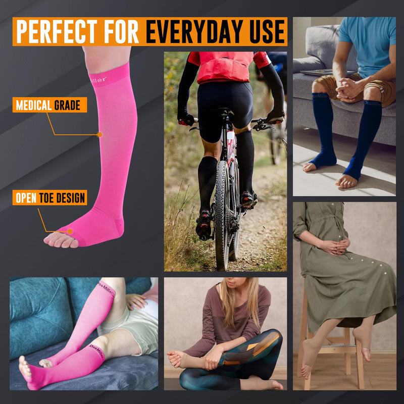 Doc Miller Open Toe Compression Socks, 20-30 mmHg, Toeless Compression Sleeves for Legs, Knee High Stockings for Shin Splints, Varicose Veins, Travel, Calf Support & Muscle Recovery, Men & Women, Pair Medium Pink - BeesActive Australia