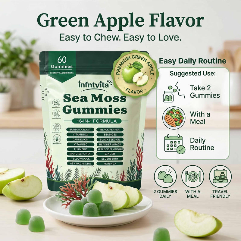 Sea Moss Gummies 16-in-1 with Ashwagandha, Black Seed Oil, Ginger, Turmeric, Manuka Honey, Black Pepper, Moringa, Elderberry–Daily Wellness & Immune Support–Apple Flavor, 60 Gummies