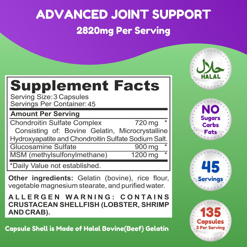 SHIFAA NUTRITION Halal Joint Support Supplement for Men & Women. Glucosamine Chondroitin MSM for Mobility, Cartilage Repair & Joint Comfort, Back & Knee Pain Relief. Non-GMO, Gluten-Free. 135 Capsules 135 Count (Pack of 1)