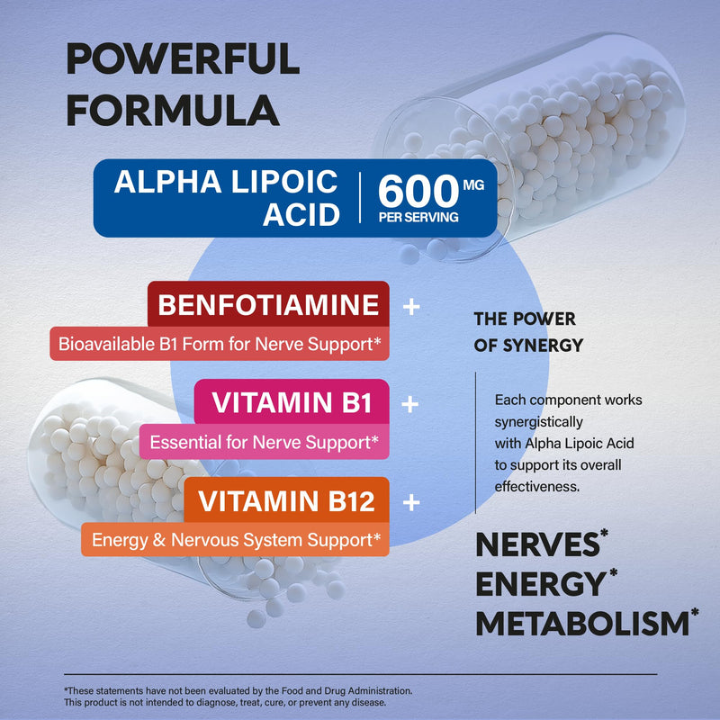 Alpha Lipoic Acid 600mg - ALA Supplement Antioxidant for Nerve, Energy & Metabolism Support - Extra Strength with Benfotiamine, B1 & B12 - Lab Tested, Non-GMO & Vegan - 120 Capsules, 2 Month Supply 120 Count (Pack of 1)