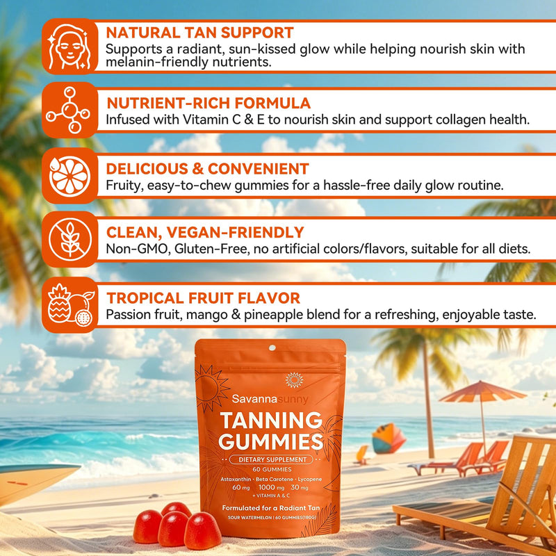 Tanning Gummies for Women Beta-Carotene Astaxanthin Vitamin C&E Vegan 60 Ct